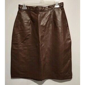 Vintage Cedars Brown 100% Leather Pencil Skirt Women's Size 12 Lined Back Slit